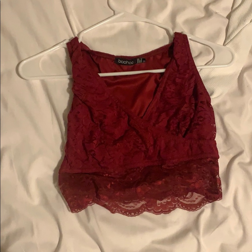 Lace deep V maroon red crop top